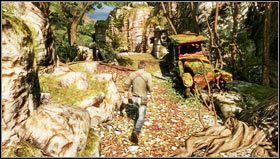 Ostrożnie przechodzimy po zwalonym drzewie nad przepaścią [1] i udajemy się w kierunku starego samochodu [2] - Rozdział 6- Chateau (1) | Opis przejścia Uncharted 3 Oszustwo Drakea - Uncharted 3: Oszustwo Drakea - poradnik do gry