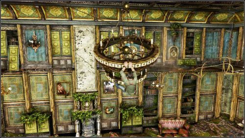 Udajemy się w prawo i korzystając z wiszącego żyrandola [1] przeskakujemy na drugą stronę pomieszczenia - Rozdział 6- Chateau (1) | Opis przejścia Uncharted 3 Oszustwo Drakea - Uncharted 3: Oszustwo Drakea - poradnik do gry
