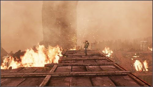 Musimy teraz podbiec szybko do Sullivana, a następnie uciekać po rozsypującym się dachu przed walącą się wieżą [1], jeżeli nam się to uda to szczęśliwie opuścimy płonącą posiadłość - Rozdział 7- Nie wychodź ze światła | Opis przejścia Uncharted 3 Oszustwo Drakea - Uncharted 3: Oszustwo Drakea - poradnik do gry