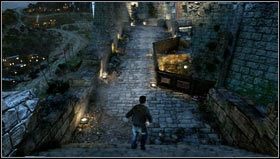 Po dotarciu do pierwszej zamkniętej bramy wspinamy się na mury korzystając z podestu po lewej [1] i wychodzimy do góry i w prawo - Rozdział 8- Cytadela (1) | Opis przejścia Uncharted 3 Oszustwo Drakea - Uncharted 3: Oszustwo Drakea - poradnik do gry