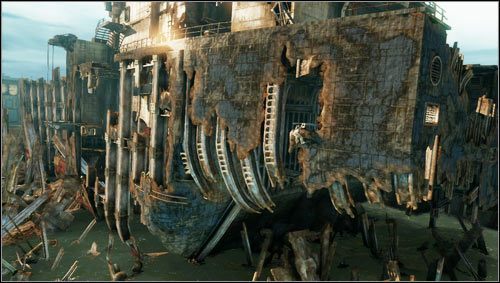 Przeskakujemy przez dziurę na zewnętrzną ścianę statku [1] i zaczynamy wspinaczkę w lewo - Rozdział 12- Porwanie (2) | Opis przejścia Uncharted 3 Oszustwo Drakea - Uncharted 3: Oszustwo Drakea - poradnik do gry