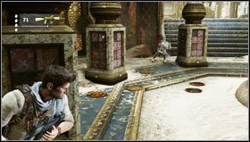 W pomieszczeniu z pomnikiem węża [1] zeskakujemy w dół i rozpoczynamy serię krótkich starć z małymi grupkami przeciwników stojących nam na drodze [2] - Rozdział 22- Śniący na jawie | Opis przejścia Uncharted 3 Oszustwo Drakea - Uncharted 3: Oszustwo Drakea - poradnik do gry