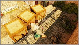 Po odzyskaniu notatnika Charliego i zakończeniu ulicznej bójki wybiegamy z areny naszych zmagań i biegnąc za towarzyszami stajemy na schodach - Rozdział 10 | Skarby w Uncharted 3 Oszustwo Drakea - Uncharted 3: Oszustwo Drakea - poradnik do gry