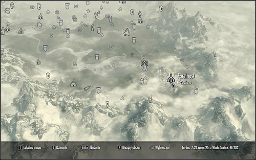 Otwórz mapę świata i wybierz się do znajdującej się w południowo-wschodniej części Skyrim lokacji o nazwie Forelhost (powyższy screen) - Szturm na smoczych kultystów | Questy poboczne w Skyrim - Skyrim - poradnik, mapy, questy