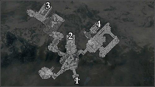 Oznaczenia na mapie: 1 - Miejsce startu (wejście do grobowca); 2 - Miejsce uaktywnienia questu i przejście do Kopca Starca; 3 - Topór ceremonialny; 4 - Miecz ceremonialny. - Zamknięte usta | Questy poboczne w Skyrim - Skyrim - poradnik, mapy, questy