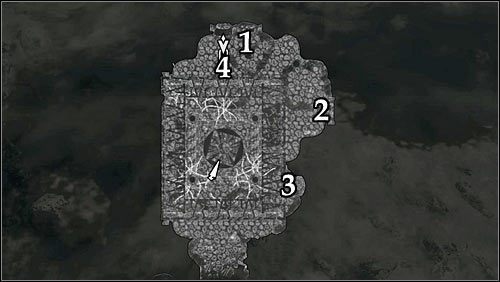 Oznaczenia na mapie: 1 - Dźwignia z symbolem orła; 2 - Dźwignia z symbolem ryby; 3 - Dźwignia z symbolem wilka; 4 - Dźwignia z symbolem węża. - Zwój dla Anski | Questy poboczne w Skyrim - Skyrim - poradnik, mapy, questy