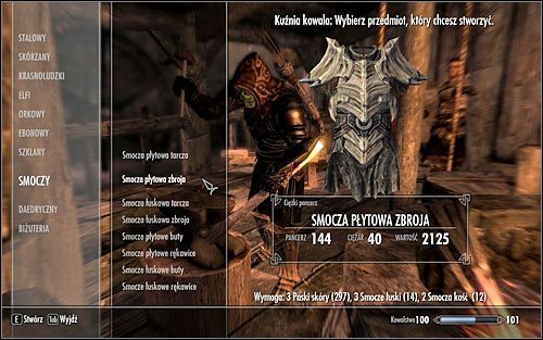 Po wybraniu interesującej Cię grupy oraz samego przedmiotu polecam zapoznać się ze składnikami potrzebnymi do jego stworzenia oraz z jego przyszłymi właściwościami - Kowalstwo - Rzemieniowe, Draugrowe, Żelazne | Crafting w Skyrim - Skyrim - poradnik, mapy, questy