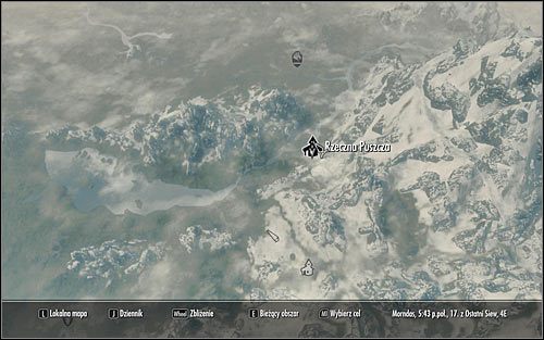 Otwórz mapę świata, dzięki czemu ustalisz, że Rzeczna Puszcza znajduje się na północ od wyjścia z twierdzy Helgen (powyższy screen) - Spotkanie się z Alvorem | Cisza przed burzą | Solucja Skyrim - Skyrim - poradnik, mapy, questy
