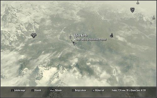 Wyjdź z gospody Pod Śpiącym Gigantem i otwórz mapę świata, dzięki czemu ustalisz, że Iglica Karth znajduje się w zachodniej części Skyrim (powyższy screen) - Wyprawa do Ściany Alduina | Ściana Alduina | Solucja Skyrim - Skyrim - poradnik, mapy, questy