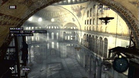 Stamtąd musisz wdrapać się na rusztowanie z lewej, a następnie na ścianę po przeciwnej stronie pomieszczania - Hagia Sophias Secret (2) | Ishak Pashas Memoir Pages w AC Revelations - Assassins Creed: Revelations - poradnik do gry