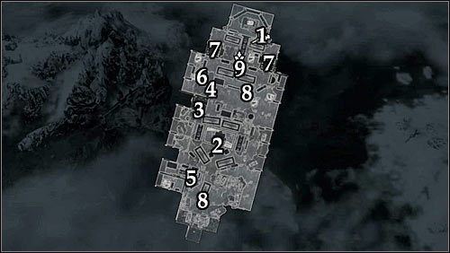 Oznaczenia na mapie: 1 - Miejsce startu; 2 - Kuchnia; 3 - Schody; 4 - Zamknięte drzwi (ekspert lub klucz); 5 - Kajuta kapitana Avidiusa; 6 - Kajuta porucznika Alvarusa; 7 - Schody; 8 - Przejścia na górny pokład; 9 - Zamknięta kajuta cesarza (mistrz lub klucz) - Chwała Sithisowi! (1) | Zadania Mrocznego Bractwa | Solucja Skyrim - Skyrim - poradnik, mapy, questy