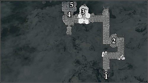 Oznaczenia na mapie: 1 - Wejście do ruin; 2 - Pierwsze obozowisko bandytów; 3 - Drugie obozowisko bandytów; 4 - Wejście do pokoju Malurila; 5 - Miejsce pobytu Malurila - Zlecenie- Zabij Malurila | Zadania Mrocznego Bractwa | Solucja Skyrim - Skyrim - poradnik, mapy, questy