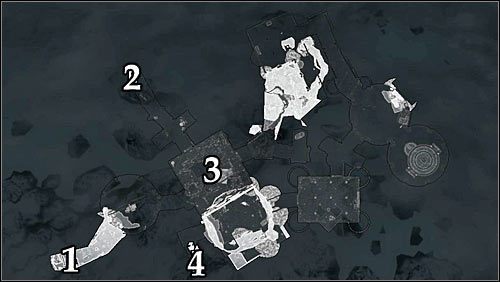 Oznaczenia na mapie: 1 - Miejsce startu (główny plac Akademii w Zimowej Twierdzy); 2 - Miejsce startu (Komnata Spokoju); 3 - Główne pomieszczenie; 4 - Drzwi prowadzące do Mroku Midden. - Dobre zamiary | Questy Akademii w Zimowej Twierdzy | Solucja Skyrim - Skyrim - poradnik, mapy, questy