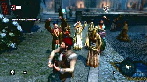 Musisz później tak ustawić się do śpiewania, aby reszta gości stała odwrócona plecami do ofiary - Sekwencja 4 - Bezlitosna wojna (1) | Opis przejścia Assassins Creed Revelations - Assassins Creed: Revelations PC - kompletny poradnik do gry