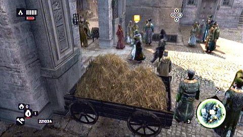 Gdy jednak twój cel opuści na chwilę bazar, schowaj się szybko w wozie z sianem - Sekwencja 5 - Dziedzic imperium (1,2) | Opis przejścia - Assassins Creed: Revelations PC - kompletny poradnik do gry