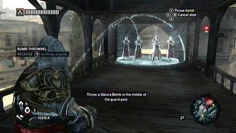 Po rozpoczęciu zadania podejdź do wskazanych strażników i rzuć w nich Datura Bomb - Misje Piri Reisa - Bieluń, Gwoździe, Wabik dymny | Zadania dodatkowe - Assassins Creed: Revelations PC - kompletny poradnik do gry