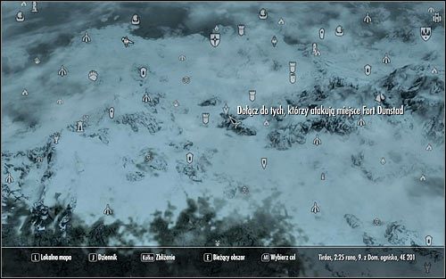 Otwórz mapę świata i zauważ, że miejsce zbiórki (powyższy screen) znajduje się na wschód od fortu Dunstad - Bitwa o fort Dunstad | Questy Legionu Cesarskiego | Solucja Skyrim - Skyrim - poradnik, mapy, questy