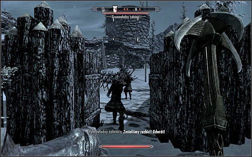 Druga możliwość to południowe wejście (powyższy screen), które nie tylko jest słabiej pilnowane, ale i nie ma przy nim żadnych barykad - Bitwa o fort Dunstad | Questy Legionu Cesarskiego | Solucja Skyrim - Skyrim - poradnik, mapy, questy
