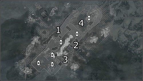 Oznaczenia na mapie: 1 - Główne wejście z północnego-zachodu; 2 - Główne wejście z południowego-wschodu; 3 - Mniejsze wejście (zniszczony fragment muru); 4 - Górny plac fortu okupowany głównie przez łuczników - Bitwa o fort Zielony Mur | Questy Legionu Cesarskiego | Solucja Skyrim - Skyrim - poradnik, mapy, questy