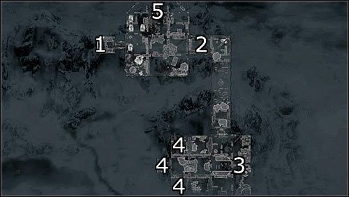 Oznaczenia na mapie: 1 - Tajne wejście do więzienia; 2 - Korytarz prowadzący do cel; 3 - Orientacyjne miejsce pobytu wartownika z kluczem do cel; 4 - Cele z uwięzionymi legionistami; 5 - Przejście na główny dziedziniec fortu - Na ratunek! (1) | Questy Legionu Cesarskiego | Solucja Skyrim - Skyrim - poradnik, mapy, questy