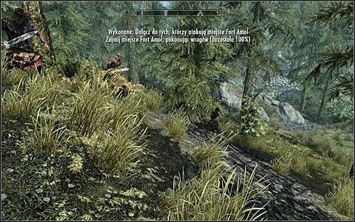 Legioniści dość wyjątkowo będą chowali się w lesie (powyższy screen), tak więc można ich początkowo przeoczyć - Bitwa o fort Amol | Questy Legionu Cesarskiego | Solucja Skyrim - Skyrim - poradnik, mapy, questy