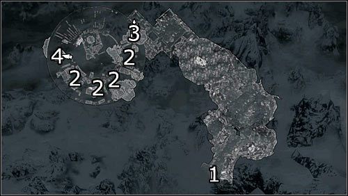 Oznaczenia na mapie: 1 - Miejsce startu; 2 - Cele z uwięzionymi gromowładnymi żołnierzami; 3 - Przejście na dach więzienia; 4 - Przejście na główny dziedziniec fortu - Na ratunek! (1) | Questy buntu Gromowładnych | Solucja Skyrim - Skyrim - poradnik, mapy, questy