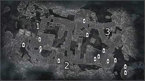 Oznaczenia na mapie: 1 - Główne wejście do fortu; 2 - Południowe wejście do fortu (trudno dostępne); 3 - Północno-wschodnie wejście do fortu (trudno dostępne) - Bitwa o fort Sungard | Questy buntu Gromowładnych | Solucja Skyrim - Skyrim - poradnik, mapy, questy
