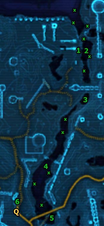 Aby rozpocząć to zadanie poboczne, musisz odnaleźć Datapad (w okolicy uważaj na Faathra Patrol Droids [+] ukrytych w zaroślach) który leży w [1], przy słupie obok brzegu zanieczyszczonej rzeki - (L06) Spicecraft Down | Hutta | Star Wars The Old Republic - Star Wars: The Old Republic - poradnik do gry