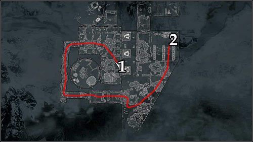 Oznaczenia na mapie: Czerwona linia - sugerowana ścieżka przemarszu; 1 - Miejsce startu; 2 - Portal (cel podróży). - Wyprawa do Morvunskar | Pamiętna noc | Solucja Skyrim - Skyrim - poradnik, mapy, questy