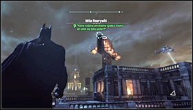 Ruszaj na południowy-wschód, mijając po drodze wieżę ciśnień, przez którą przebił się wystrzelony przez Deadshota pocisk #1 - Strzał w ciemnościach (1) | Misje poboczne w Batman Arkham City - Batman: Arkham City - poradnik do gry