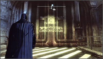 Odszukaj wejście do skarbca skonfiskowanych dóbr TYGERA (powyższy screen) i zeskanuj je - Park Row - Zagadki słowne | Zagadki w Batman Arkham City - Batman: Arkham City - poradnik do gry