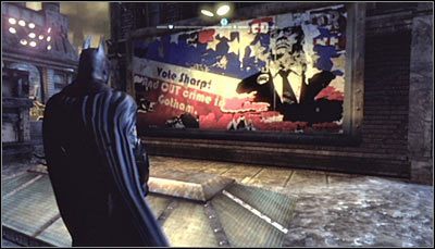 Odszukaj billboard wyborczy (powyższy screen) i zeskanuj go - Zaułki - Zagadki słowne | Zagadki w Batman Arkham City - Batman: Arkham City - poradnik do gry