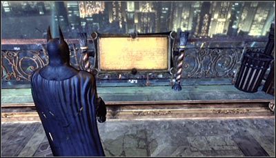 Przejdź na duży taras tuż po skorzystaniu z windy jeżdżącej na górne poziomy wieży i zeskanuj obraz Gotham City (powyższy screen) - Cudowne Miasto - Zagadki słowne, Pieczęcie Demona | Zagadki w Batman Arkham City - Batman: Arkham City - poradnik do gry