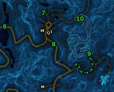 W wiosce koniecznie odnajdź i oznacz na mapie Quick Travel Point (Kalikori Village) oraz Taxi (Kalikori Village) - oznaczone na powyższej mapie odpowiednio literami [Q] i [T] - (L05) High-tech Savages (1) | Jedi Knight | Star Wars The Old Republic - Star Wars: The Old Republic - poradnik do gry