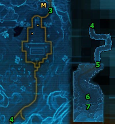 Po znalezieniu się na obszarze The Forge idź drogą pokazaną przez strzałki - wejdź po wielkich schodach, a potem dostań się do wejścia do kolejnej jaskini w [4] (Forge Entrance) - (L09) Weapon of the Jedi (1) | Jedi Knight | Star Wars The Old Republic - Star Wars: The Old Republic - poradnik do gry