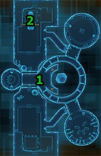 Ostatnie zadanie na Tythonie zaczynasz w [1], na drugim poziomie Świątyni Jedi - (L10) Seeking Darkness | Jedi Knight | Star Wars The Old Republic - Star Wars: The Old Republic - poradnik do gry