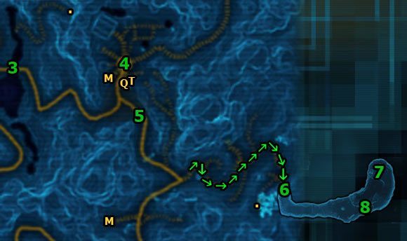 W wiosce koniecznie odnajdź i oznacz na mapie Quick Travel Point (Kalikori Village) oraz Taxi (Kalikori Village) - oznaczone na powyższej mapie odpowiednio literami [Q] i [T] - (L04) Pilgrims | Jedi Consular | Star Wars The Old Republic - Star Wars: The Old Republic - poradnik do gry