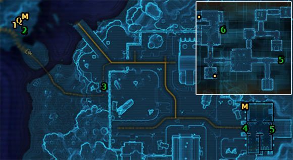 Przejdź przez płyciznę i wejdź na plażę, a potem odnajdź w [3] prowadzące do miasta schody - (L06) Lost Son | Ord Mantell | Star Wars The Old Republic - Star Wars: The Old Republic - poradnik do gry