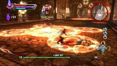 Na początku postaraj się jak najszybciej pozbyć wszystkich pomocników czarodziejki, unikając wystrzeliwanych przez kobietę ognistych pocisków - Kingdoms of Amalur Reckoning: Miasto Ysa (3) - solucja, opis przejścia - Kingdoms of Amalur: Reckoning - poradnik do gry