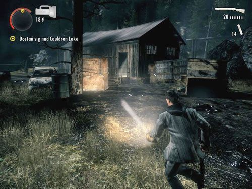 Zepchnij wagonik w przepaść, a następnie przeskocz ową przepaść, by dostać się do dalszej części etapu - Alan Wake: W drodze nad Cauldron Lake (3) | Odcinek 6- Odjazd | Solucja - Alan Wake - poradnik do gry