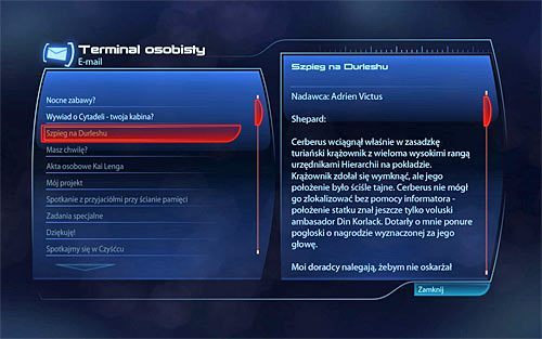 W celu odblokowania tego zadania musisz już po zaliczeniu głównego questu Priorytet: Cytadela #2 powrócić na pokład Normandii i z użyciem terminalu osobistego Sheparda odczytać treść wiadomości Szpieg na Durleshu, przysłanej przez Prymarchę Victusa - Mass Effect 3: Cytadela - Ambasador volusów - solucja, opis przejścia - Mass Effect 3 - poradnik do gry
