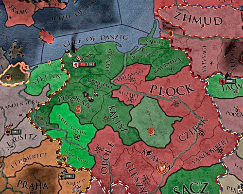 Zdarza się, że książęta (zielony kolor) gromadzą w swoich rękach władzę większą, niż monarcha (czerwony). - Wybór postaci, regionu i okresu - Książę dzielnicowy (Duke) | Informacje Podstawowe - Crusader Kings II - poradnik do gry