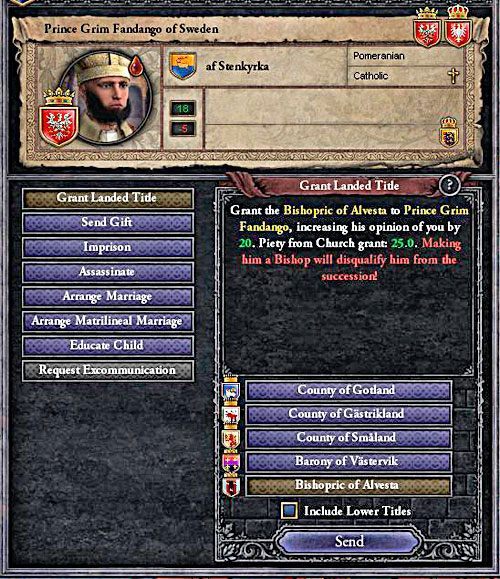 Nadanie biskupstwa to najwygodniejszy sposób na wyeliminowanie postaci z sukcesji. - Rodzina jest najważniejsza | Ród i Dziedziczenie w Crusader Kings II - Crusader Kings II - poradnik do gry