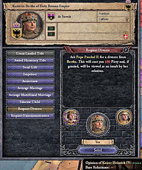 Każdy ślub trzeba dobrze przemyśleć - papież rzadko zgadza się na rozwody. - Mariaże w Crusader Kings II | Ród i Dziedziczenie - Crusader Kings II - poradnik do gry