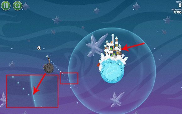 Ustaw tor lotu pierwszego ptaka nieco poniżej punktu przecięcia granicy przyciągania i wzoru w tle (przy maksymalnie oddalonym ekranie) - Level 2 - 28 | Cold Cuts | Angry Birds Space - Angry Birds Space - poradnik do gry