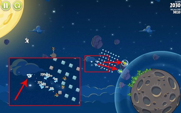 Nim ptak doleci do bloków rozszczep go na trzy ptaszki, które będą przedzierały się dalej - Level 1 - 9 | Pig Bang | Angry Birds Space - Angry Birds Space - poradnik do gry