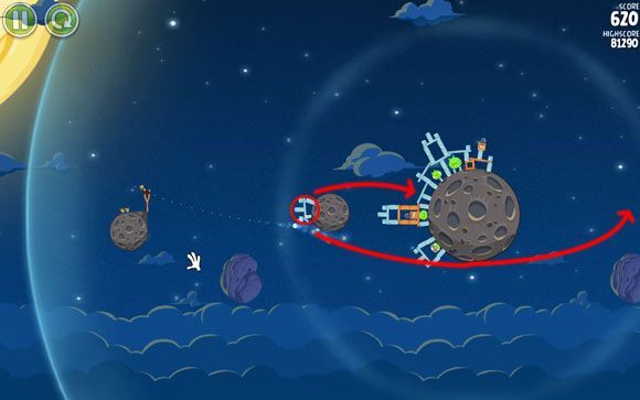 Dzięki temu szklana konstrukcja runie na drugą planetę, zaś dwa ptaszki powędrują wokół planety jak ukazuje to powyższy obrazek - Level 1 - 27 | Pig Bang | Angry Birds Space - Angry Birds Space - poradnik do gry