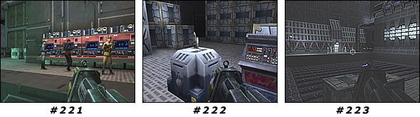 Przejdź przez jedyne otwarte drzwi i omijając będące pod prądem rury podążaj do wielkiej sali z naelektryzowaną podłogą i żołnierzami po drugiej stronie [#223] - Misja 17: Cairn Dock1 | Star Wars Jedi Knight II Jedi Outcast - Star Wars Jedi Knight II: Jedi Outcast - poradnik do gry