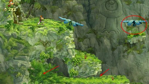 Zaraz za drzwiami z okiem znajdziesz roślinkę z S, a następnie platformy z LK i 3 L oraz M - Waligóra (300 L, 1:40) | Pokręcona Dżungla | Rayman Origins - Rayman Origins - poradnik do gry