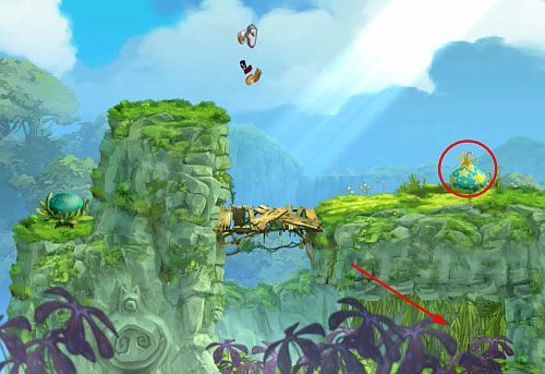 Skocz z atakiem na skoczenie i szybuj do M - Zejdź mi z drogi (300 L, 1:20) | Świątynia Łaskotek | Rayman Origins - Rayman Origins - poradnik do gry